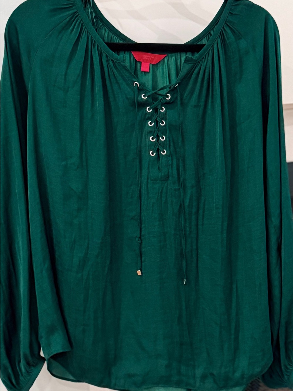 Jennifer Lopez Deep Green Lace-Up Peasant Blouse - Picture 2 of 3